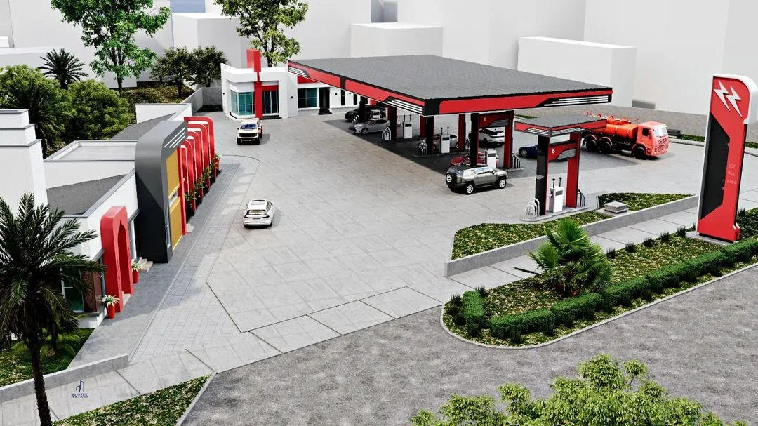 Aerial rendering of the filling station forecourt and site