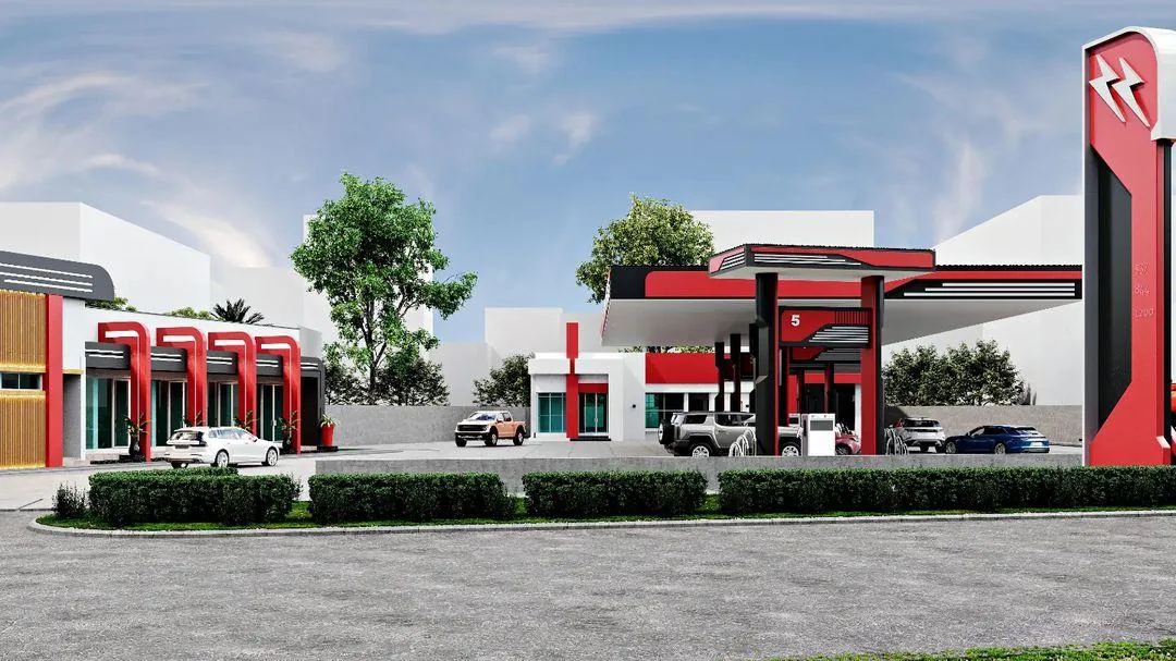 Street-level rendering of the filling station design