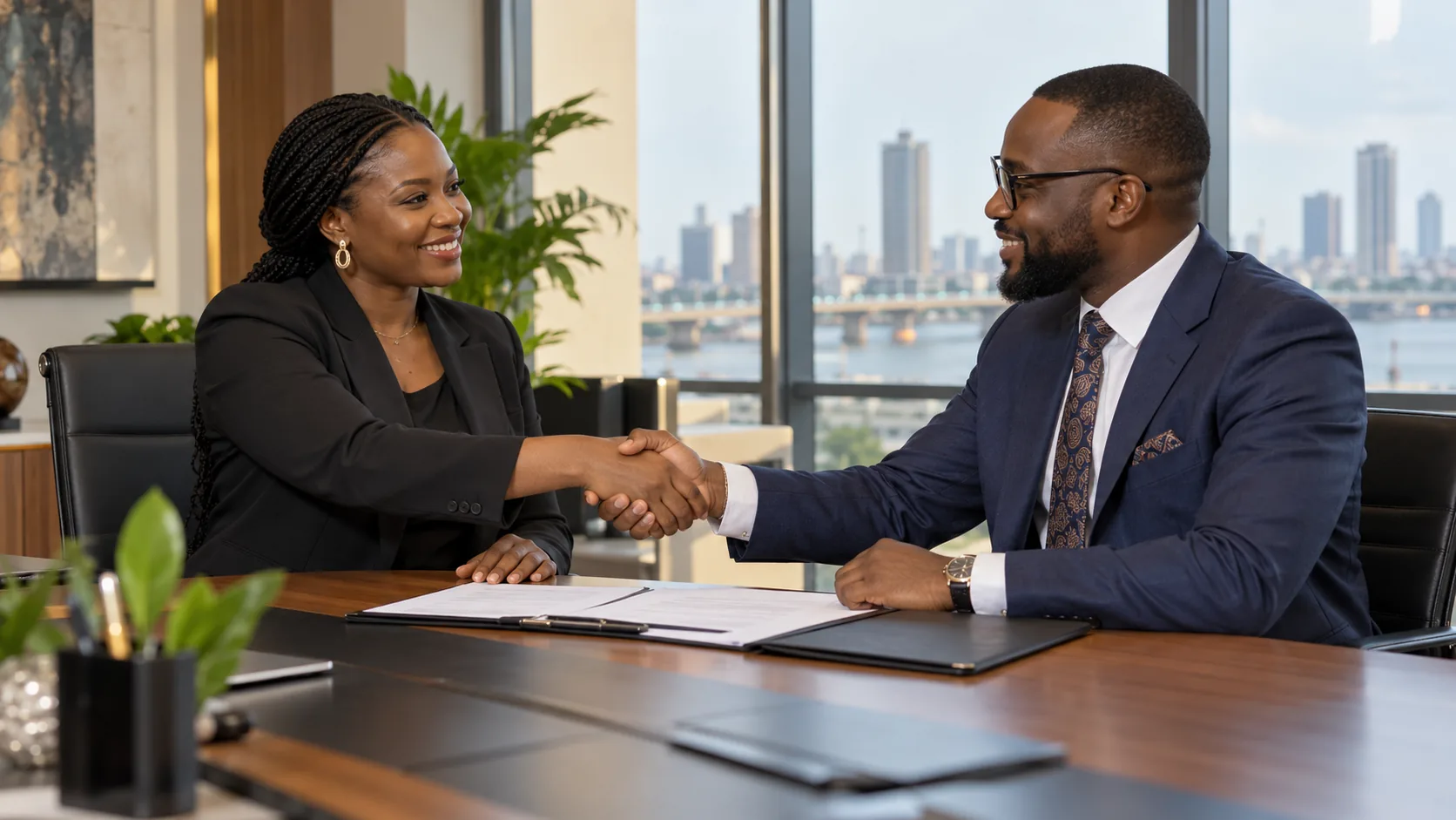 Illustrative Nigerian office scene: two professionals shaking hands over a procurement agreement